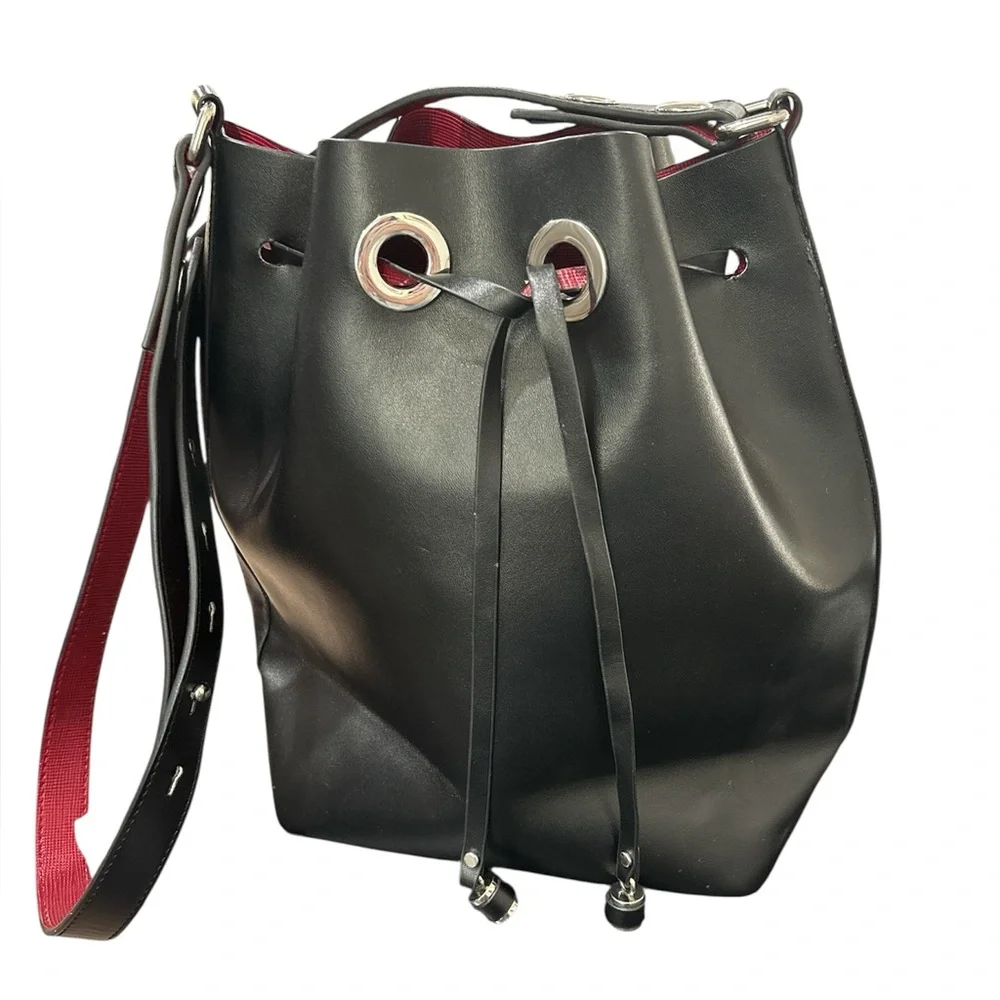 Zara black large bucket bag with red interior silver hardware